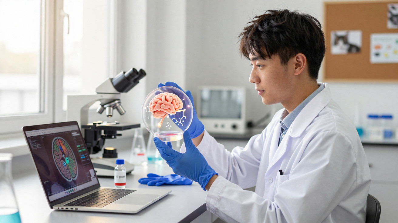 Cientista em laboratório segurando prato de petri com imagem digital de cérebro, laptop e microscópio à frente.