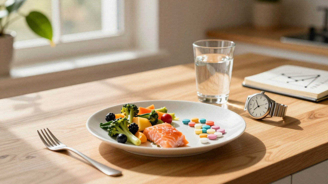 Prato com salmão, legumes, frutas, comprimidos coloridos, copo d'água, relógio e garfo sobre mesa de madeira.