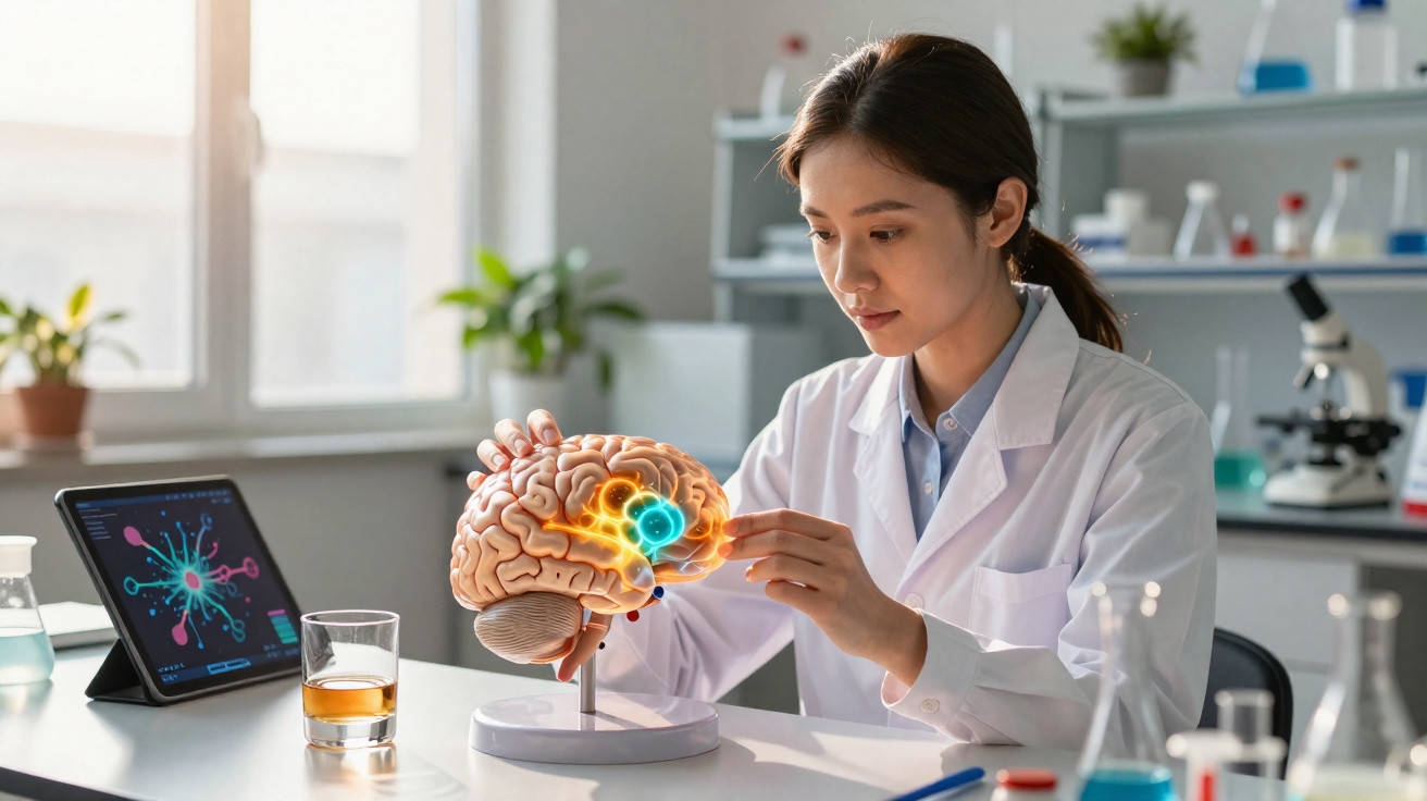 Mulher cientista em laboratório analisando modelo 3D do cérebro com destaque em áreas iluminadas.