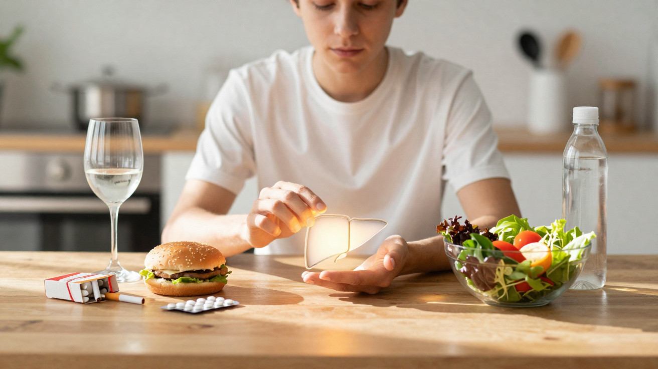 Pessoa olhando para fígado iluminado entre comida saudável e itens prejudiciais à saúde sobre mesa.