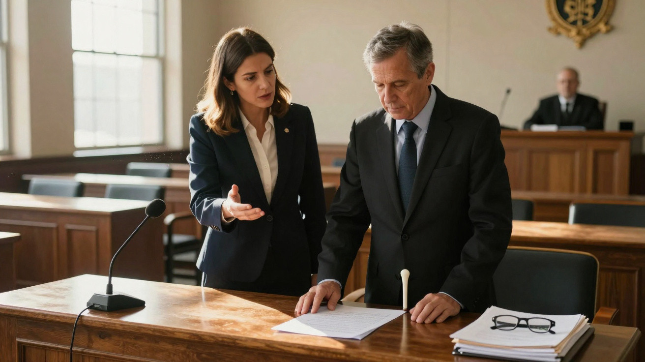 Dois advogados discutindo documentos em uma sala de tribunal com juiz ao fundo.