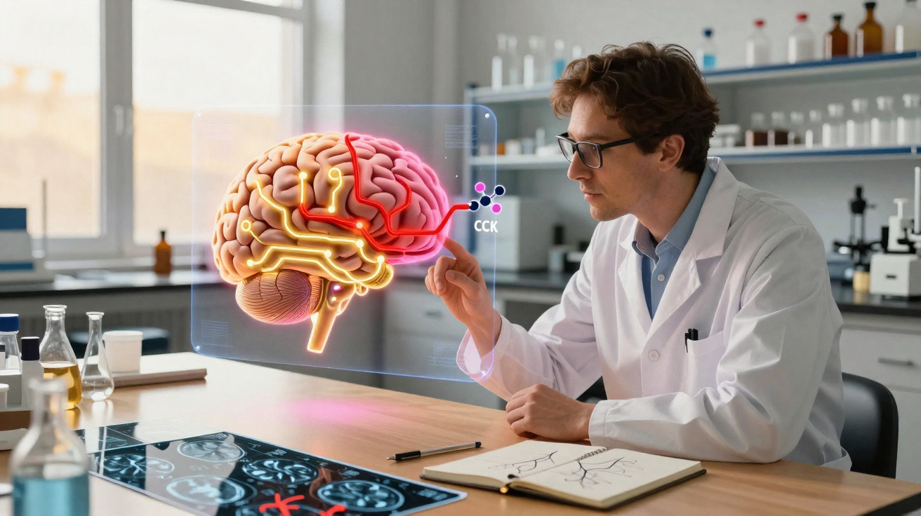 Cientista em laboratório interage com holograma do cérebro humano analisando conexões neurais.