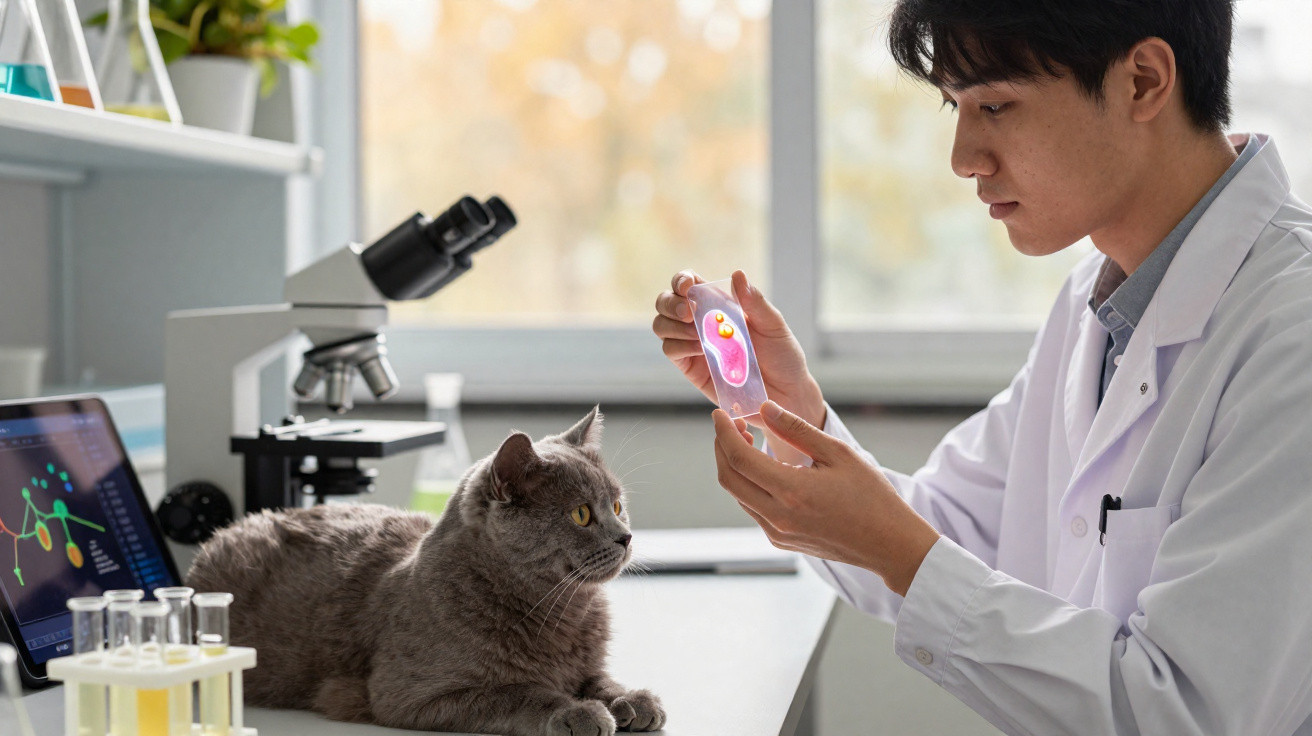 Cientista analisa imagem digital de célula enquanto gato cinza observa na bancada do laboratório.