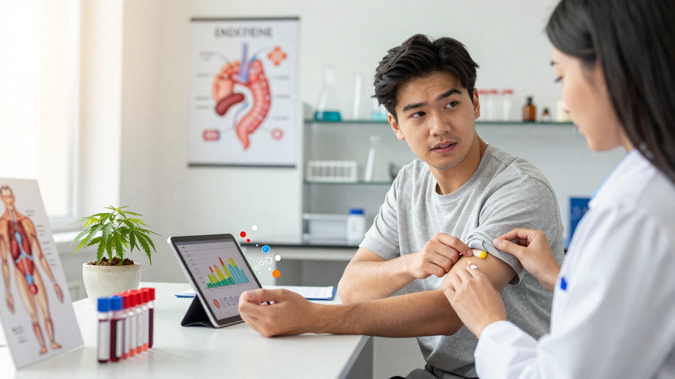 Paciente recebe coleta de sangue de profissional de saúde em consulta com gráficos e amostras à mesa.