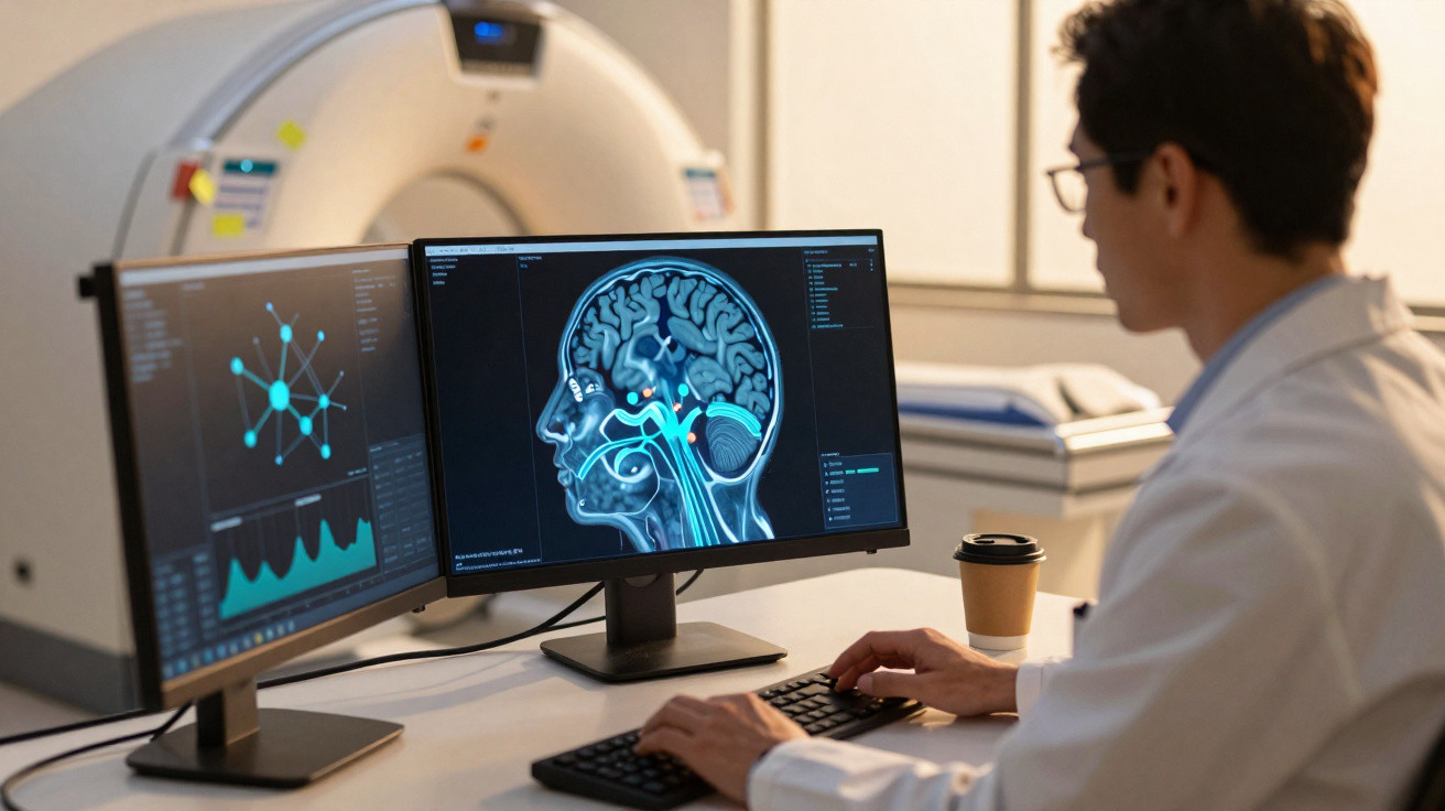 Profissional de saúde analisando imagens cerebrais digitais em dupla tela em ambiente clínico com tomógrafo ao fundo.