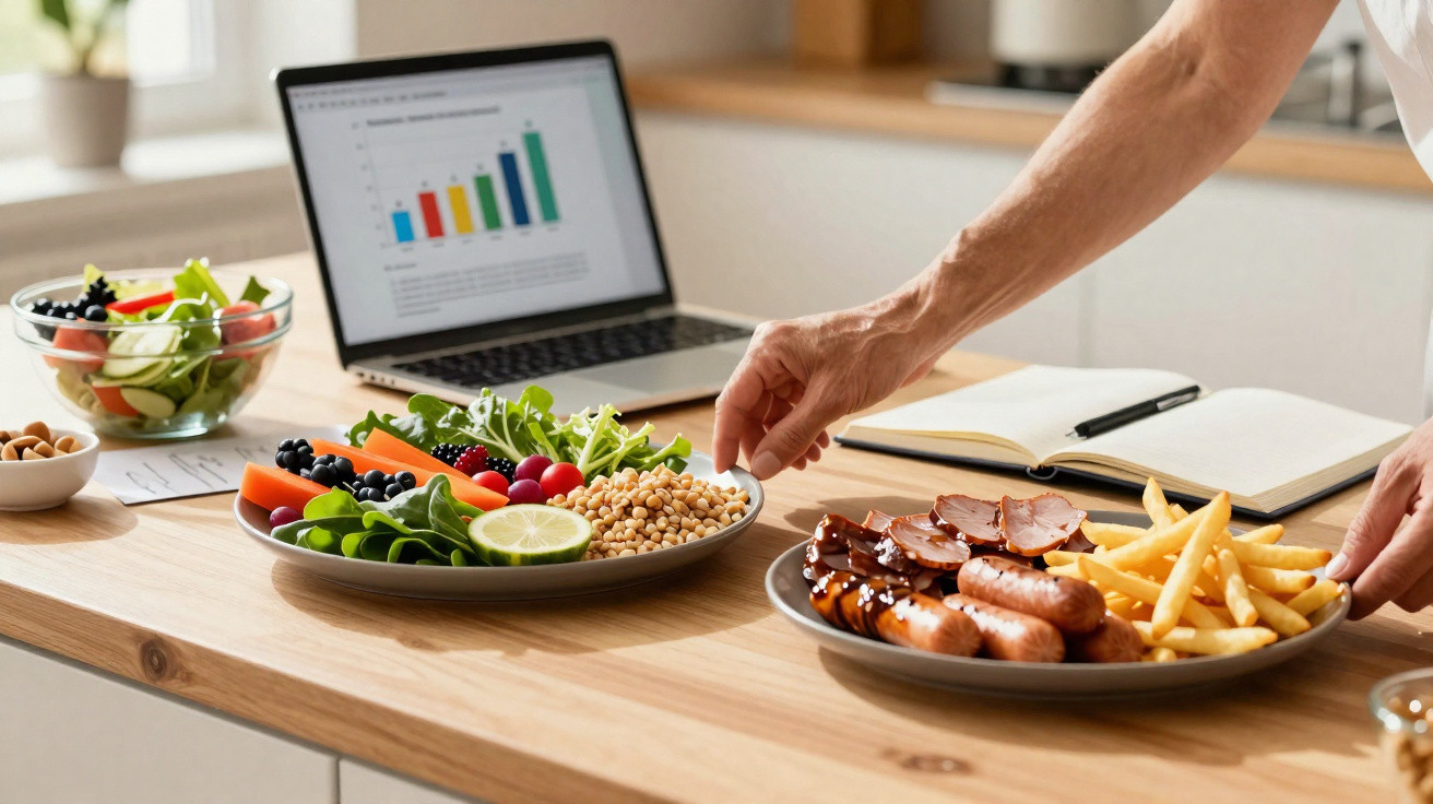 Mesa com alimentos saudáveis e não saudáveis, notebook com gráfico e caderno ao fundo em ambiente de cozinha.