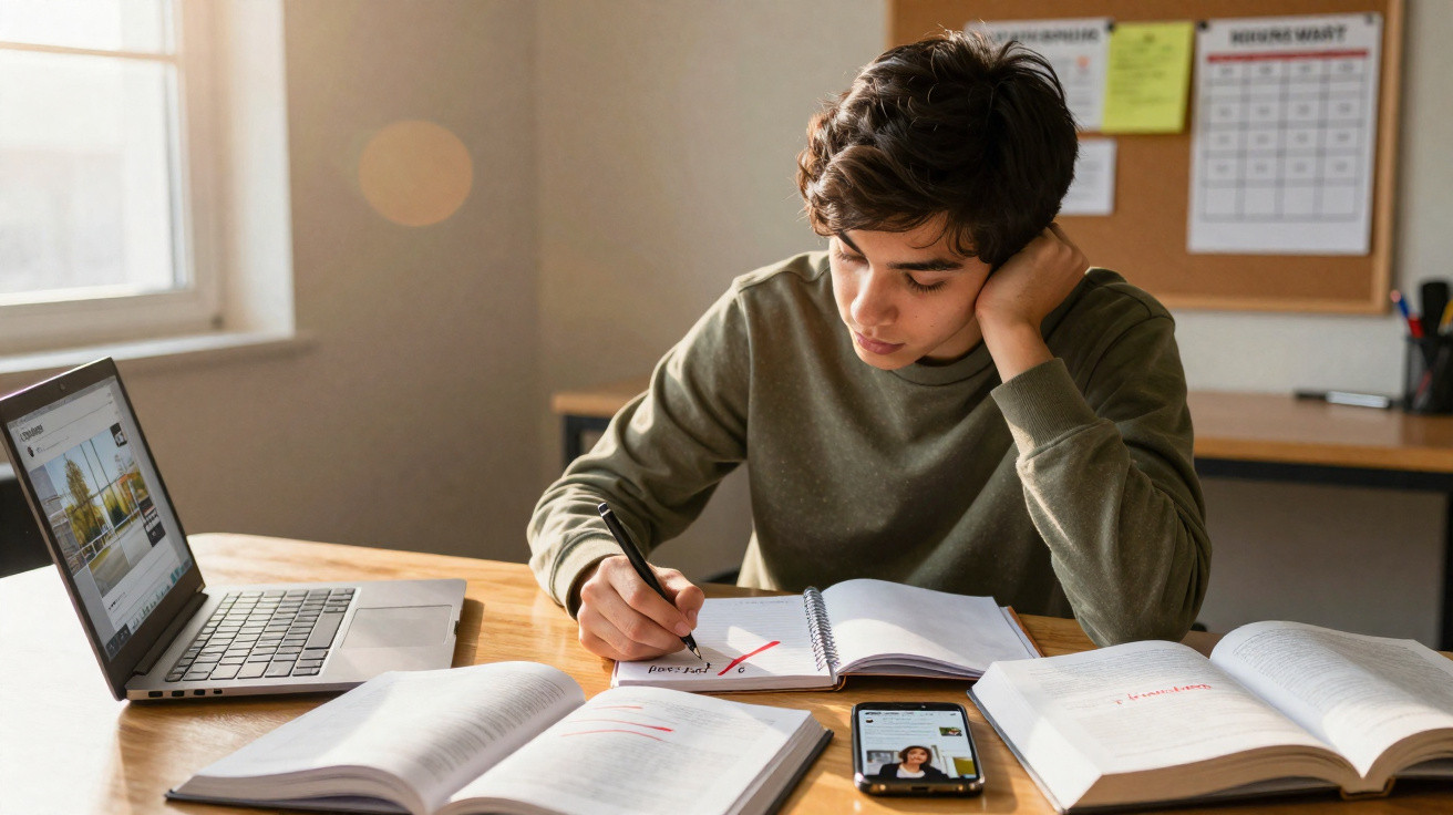Jovem estudando e escrevendo em caderno com livros, celular e laptop em mesa iluminada pela luz natural.