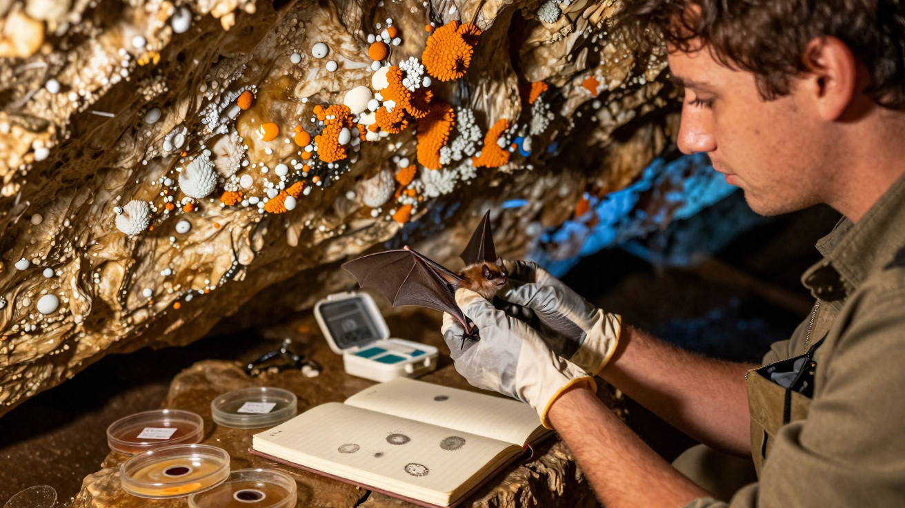 Homem com luvas brancas segura morcego em caverna decorada com corais e cristais laranja e branco.