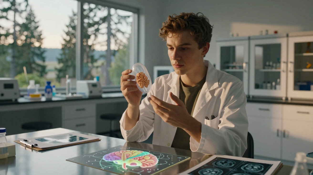Jovem cientista analisa modelo de cérebro em laboratório com equipamentos e imagens médicas ao redor.