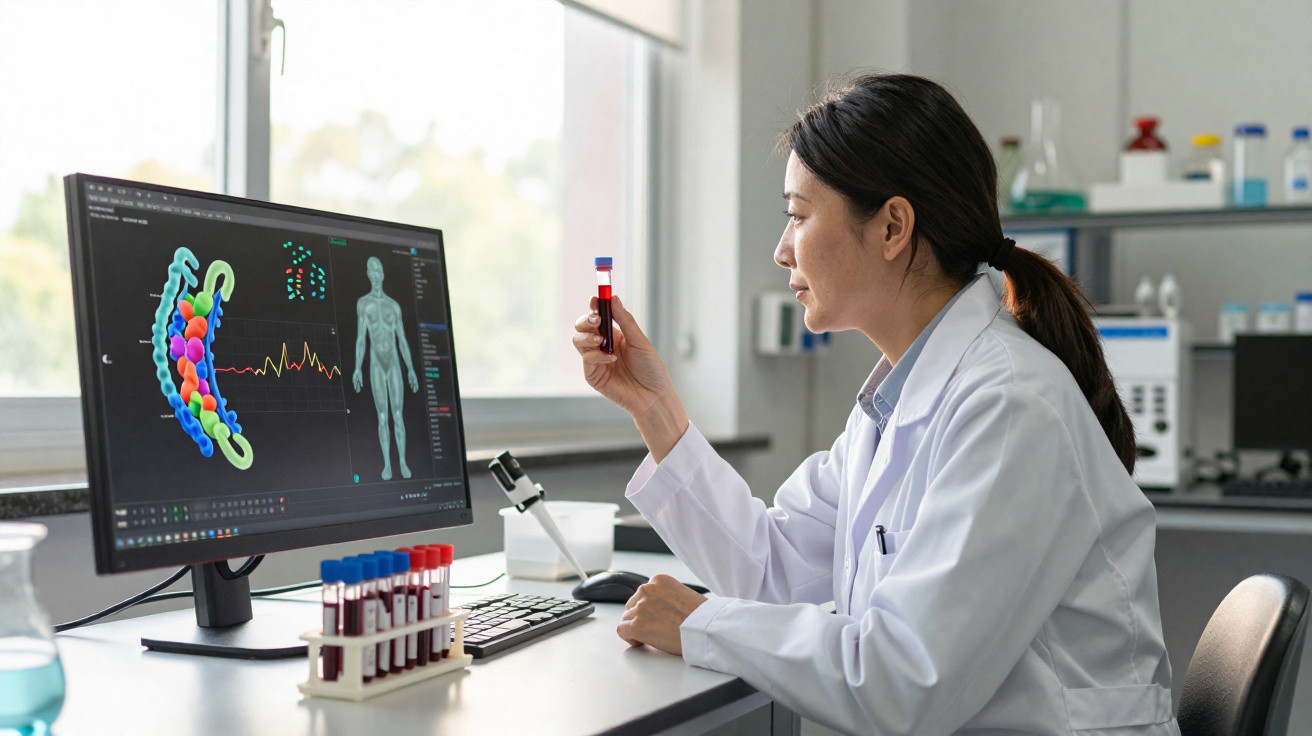 Mulher cientista examinando tubo de sangue em laboratório com imagem digital de corpo humano e DNA na tela.