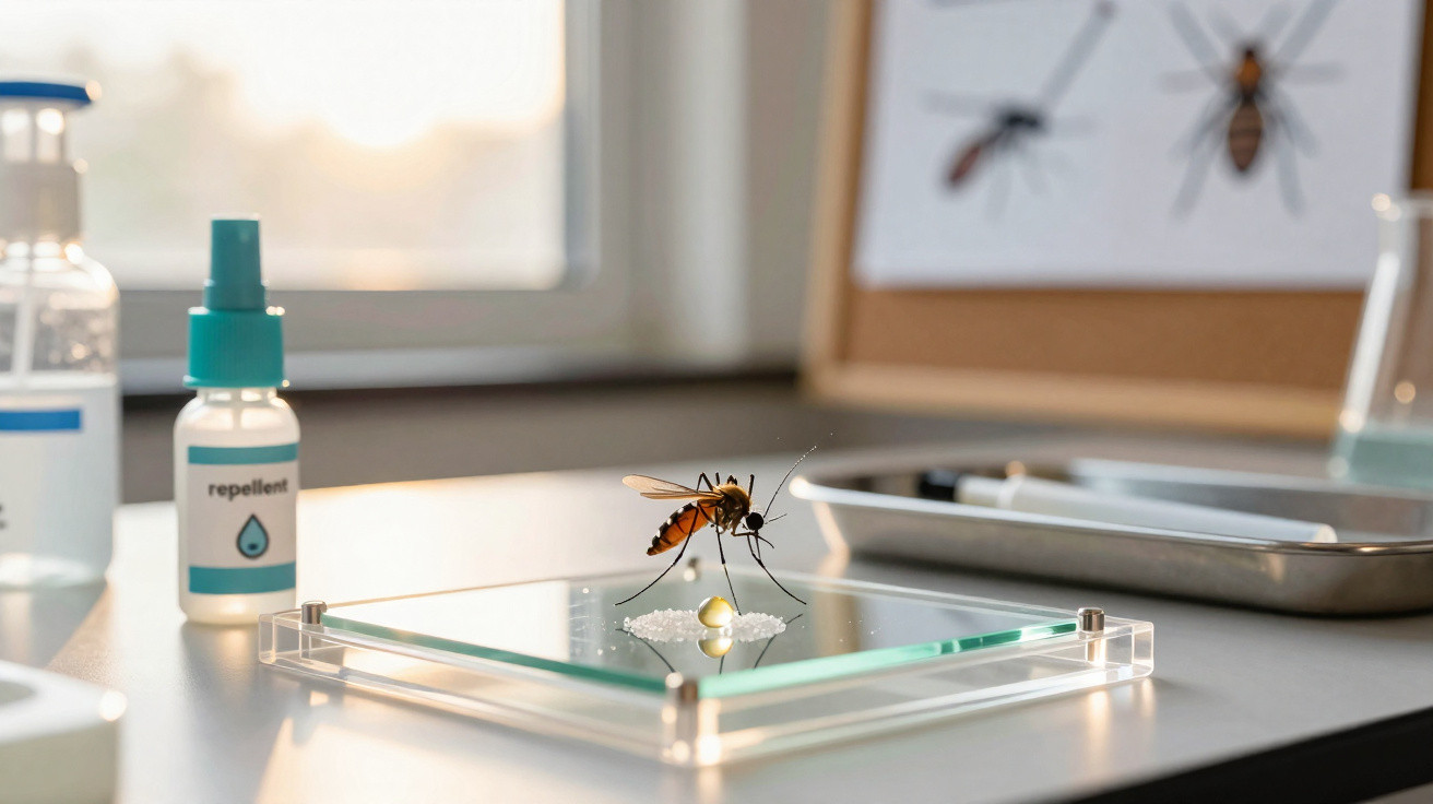 Mosquito Aedes aegypti sobre vidro em laboratório, próximo a frascos de repelente e material científico.