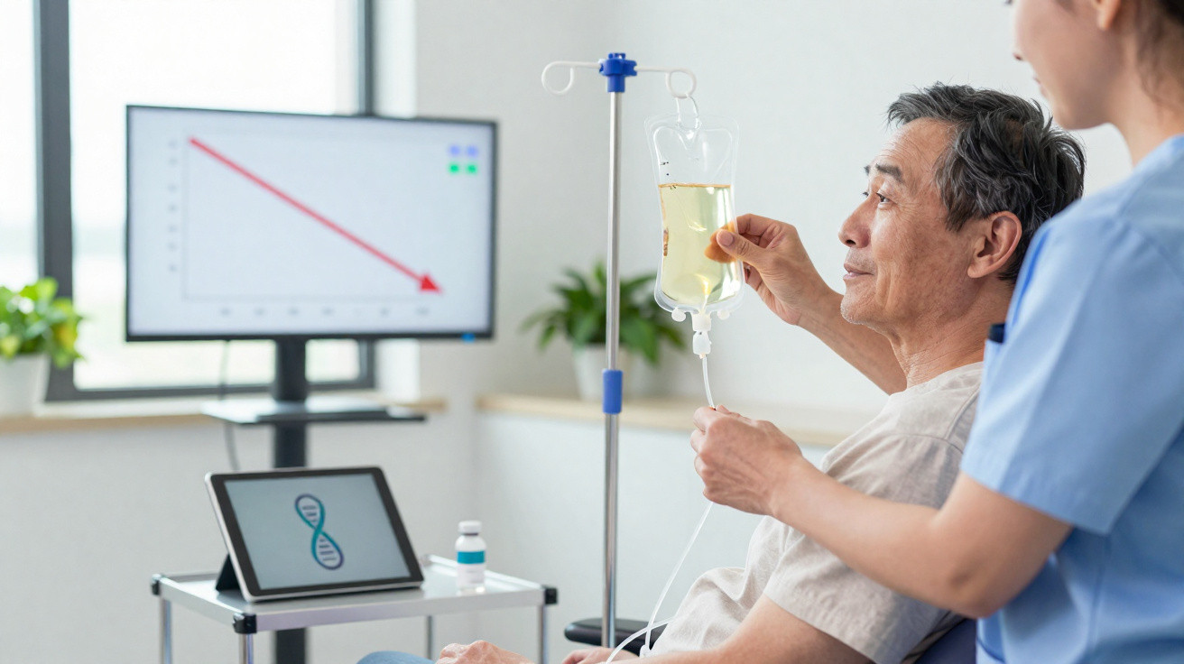 Paciente masculino recebendo soro com ajuda de profissional de saúde em ambiente hospitalar moderno.