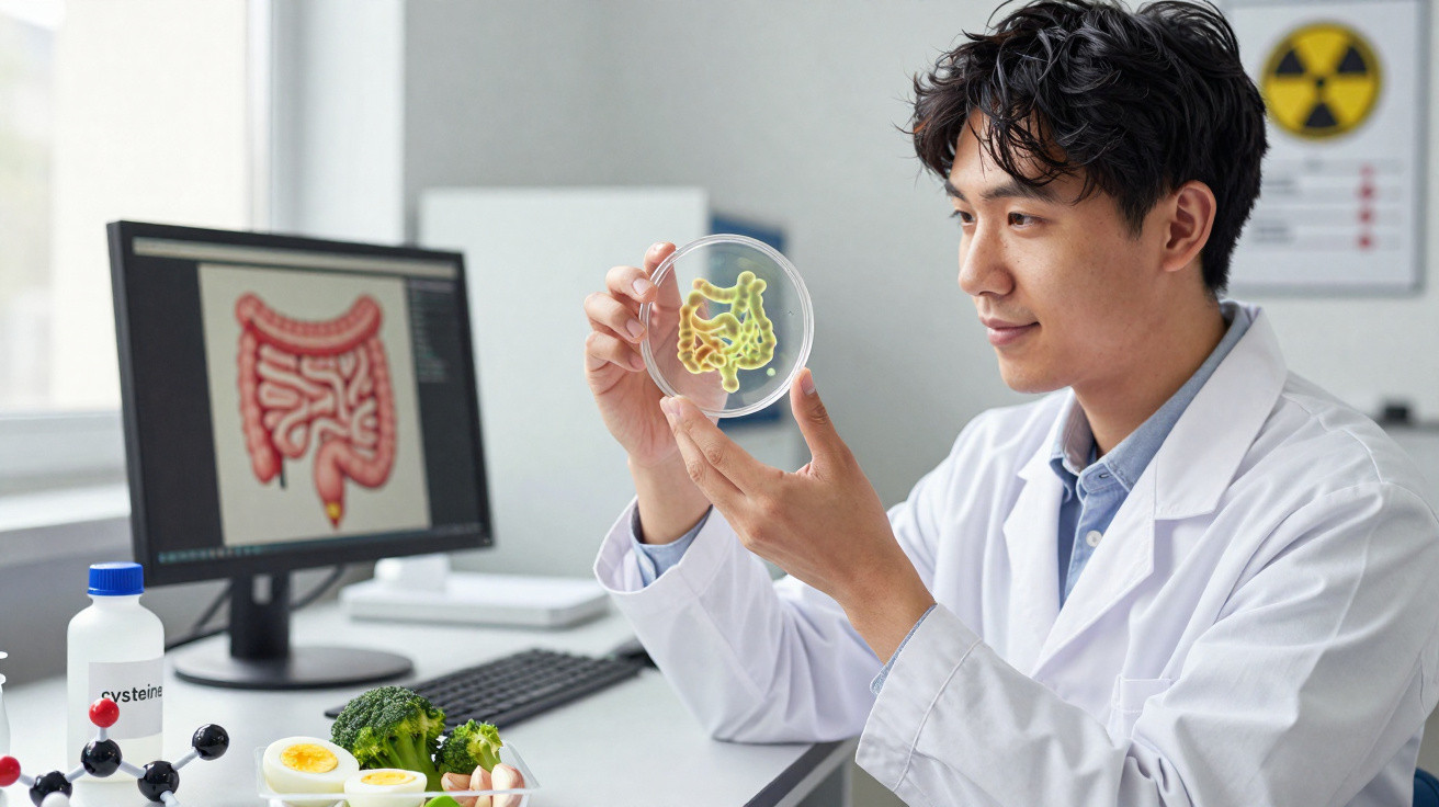 Cientista analisando cultura de bactérias em placa de Petri em laboratório com imagem do intestino ao fundo.