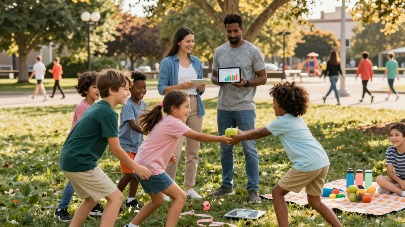 Crianças brincando em parque enquanto adultos observam e seguram um tablet com gráfico colorido.