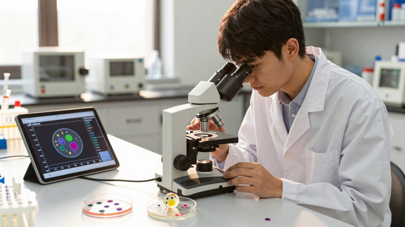 Homem em jaleco usando microscópio, com placa de petri e tablet mostrando dados científicos na mesa.