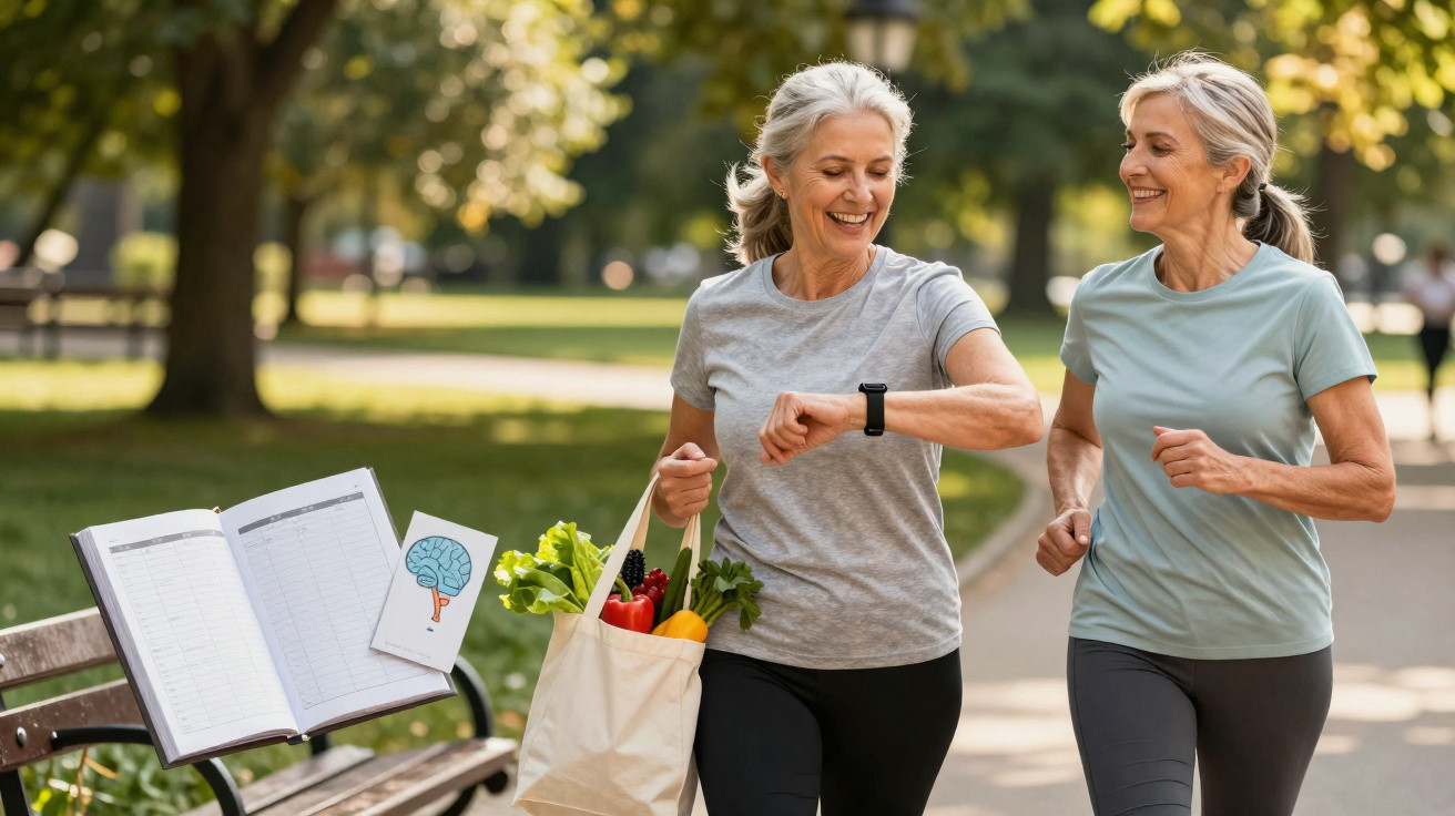 Duas mulheres maduras correndo em parque, uma com sacola de legumes e frutas e um caderno aberto no banco.