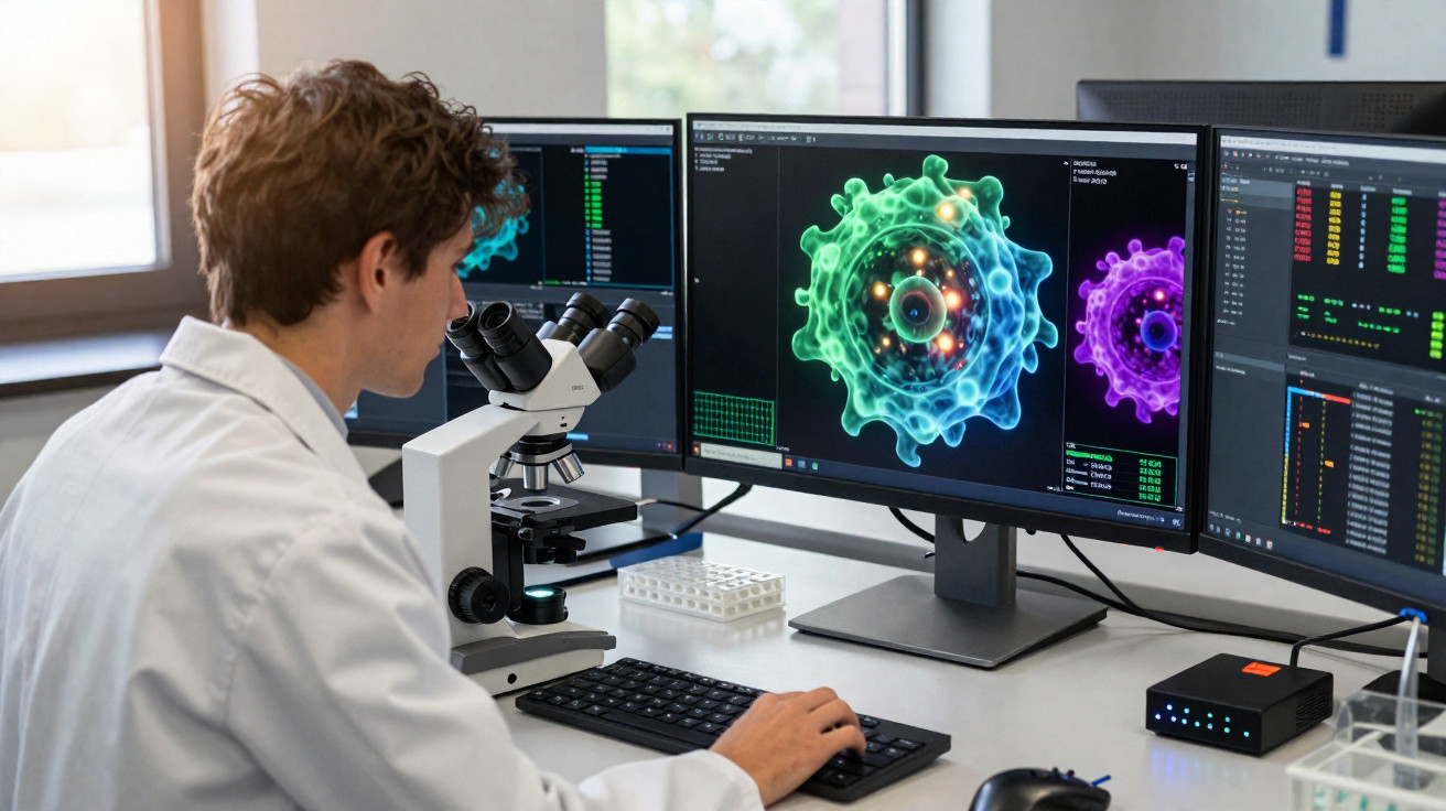 Cientista usando microscópio e analisando imagens digitais de células em monitores de computador.