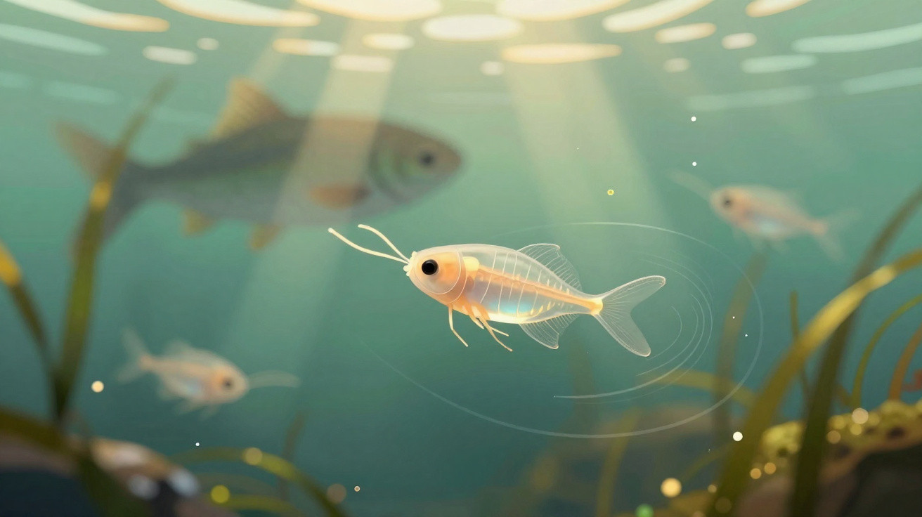 Peixe pequeno transparente nadando em água clara com raios de luz e plantas aquáticas ao fundo.