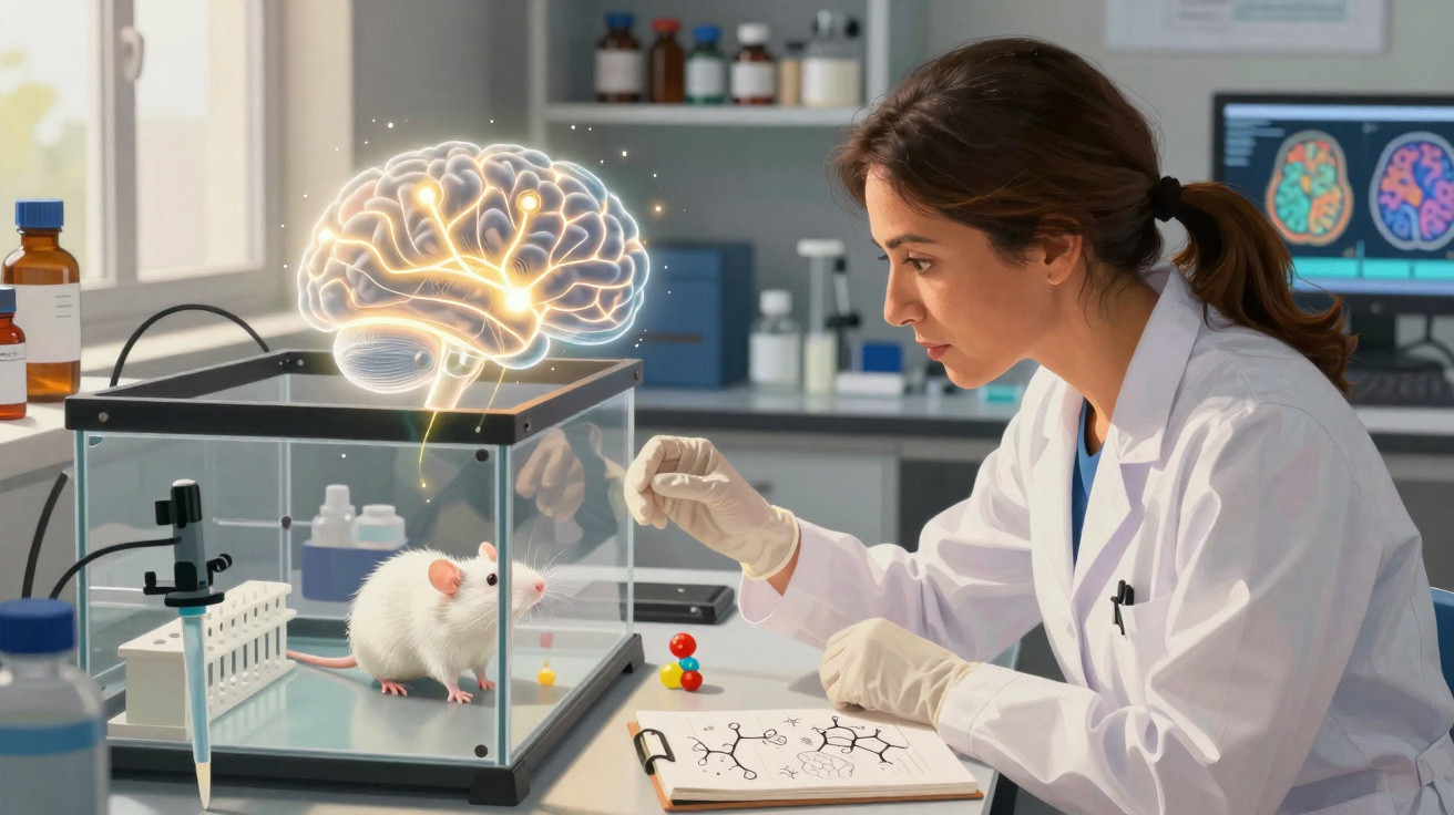 Cientista observa rato em laboratório com destaque digital de cérebro para estudo científico.