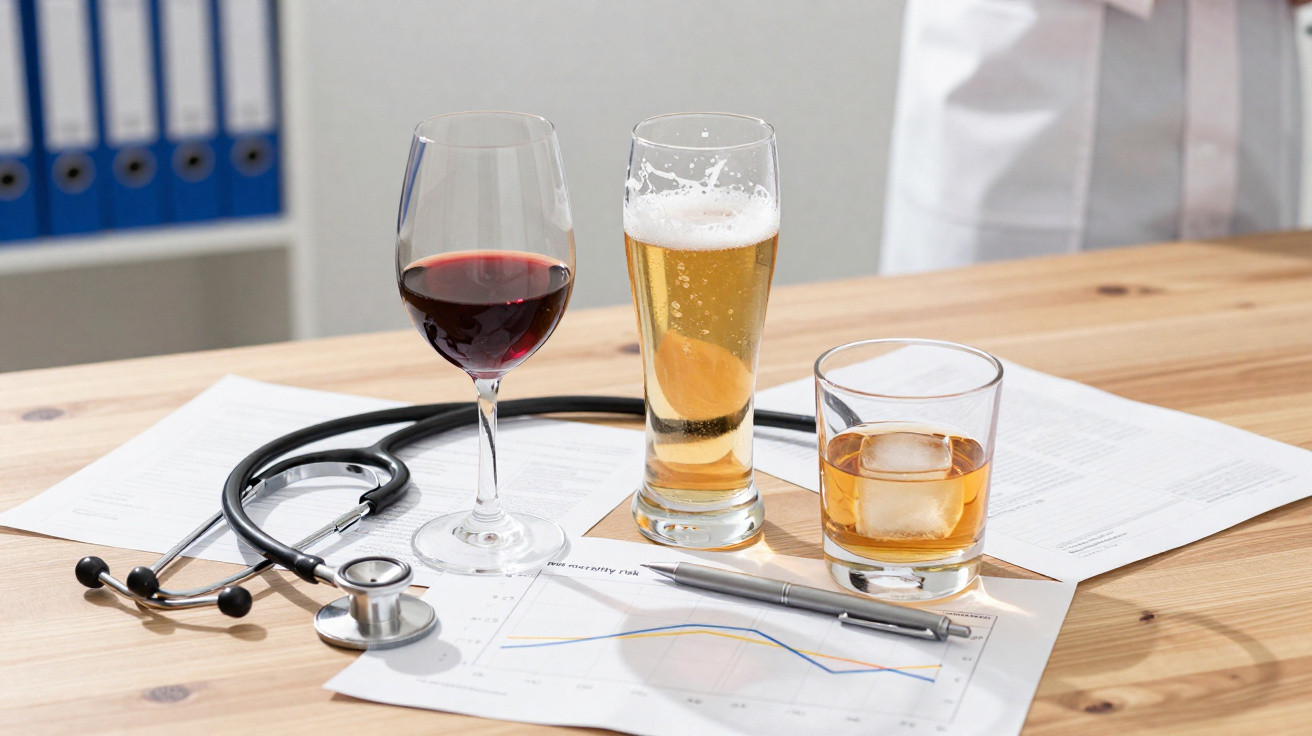 Estetoscópio, taça de vinho tinto, copo de cerveja e copo de uísque sobre mesa com documentos médicos e gráficos.
