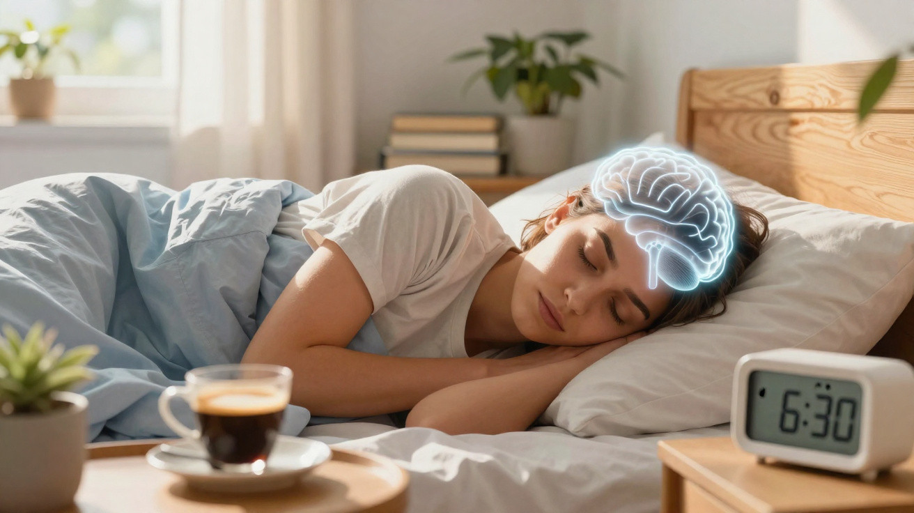 Mulher dormindo na cama com ilustração luminosa de cérebro acima da cabeça no quarto iluminado pela manhã.