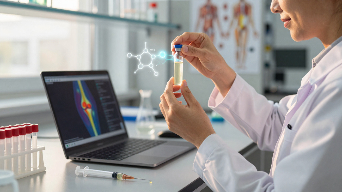 Pesquisadora em laboratório segurando tubo de ensaio com substância, laptop e seringa na mesa.