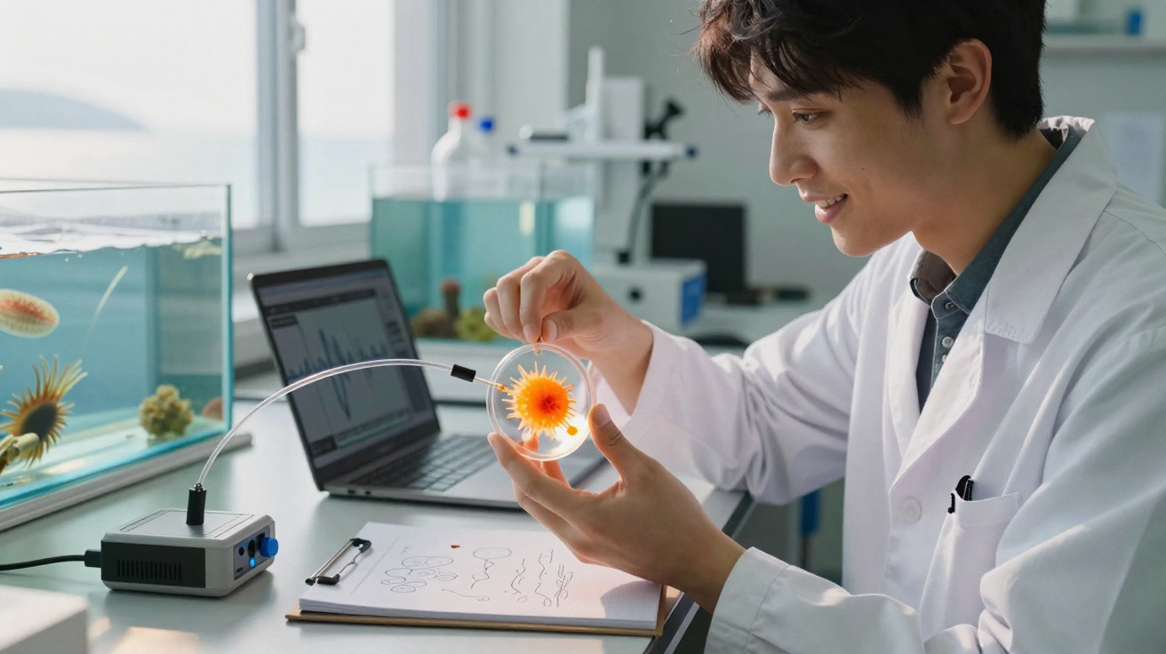Cientista observa e segura placa de petri com cultura de micro-organismos em laboratório moderno.