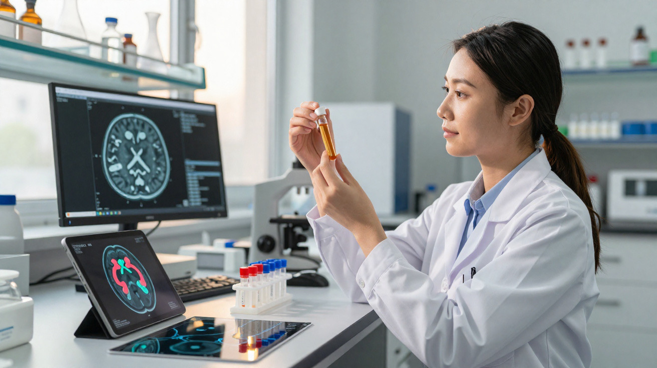 Cientista mulher analisando amostra líquida em tubo de ensaio em laboratório com imagens de cérebro nos monitores.
