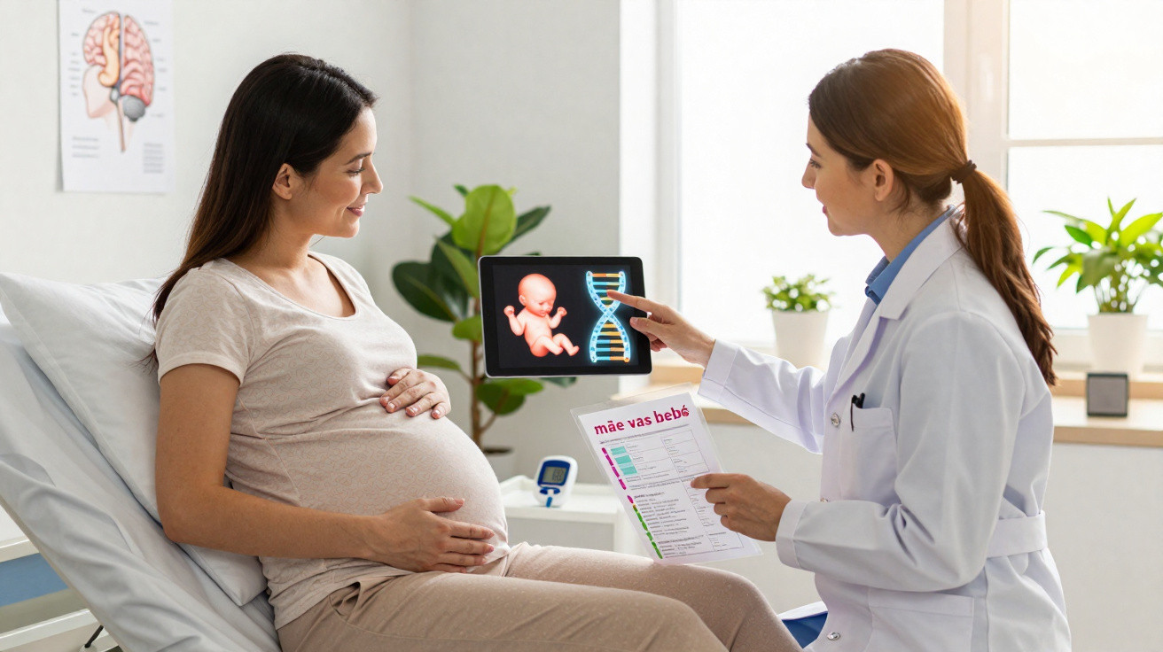 Médica explica exame genético para gestante em consultório com imagem de feto e DNA no tablet.