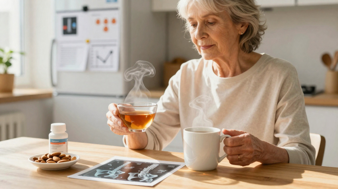 Mulher idosa tomando chá quente, com radiografia e comprimidos sobre a mesa em cozinha iluminada.