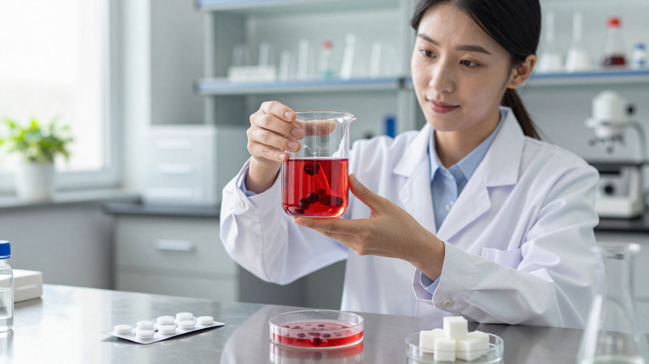 Mulher cientista analisando líquido vermelho com frutas em laboratório moderno.
