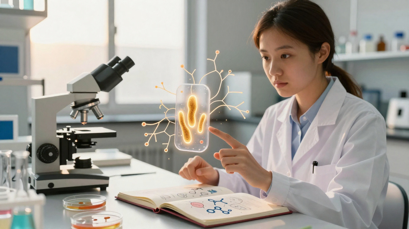 Cientista mulher analisando micro-organismos holográficos ao lado de microscópio e livro em laboratório.