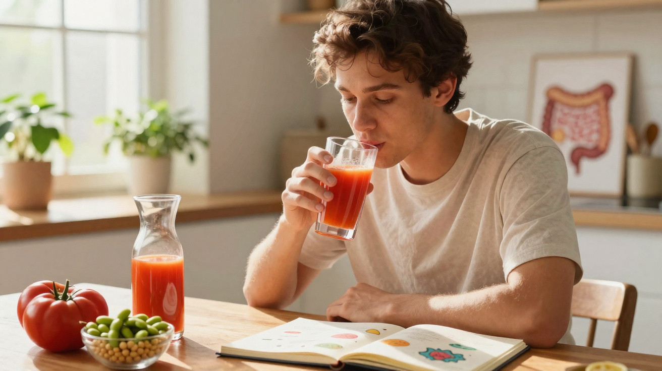 Jovem sentado à mesa bebendo suco de tomate enquanto lê um livro aberto em ambiente claro e acolhedor.