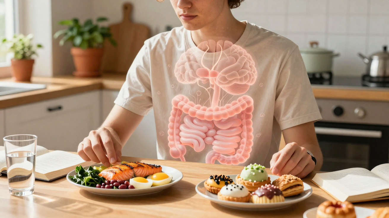 Pessoa sentada à mesa com pratos de alimentos saudáveis e doces, com ilustração do sistema digestivo sobreposta ao corpo.