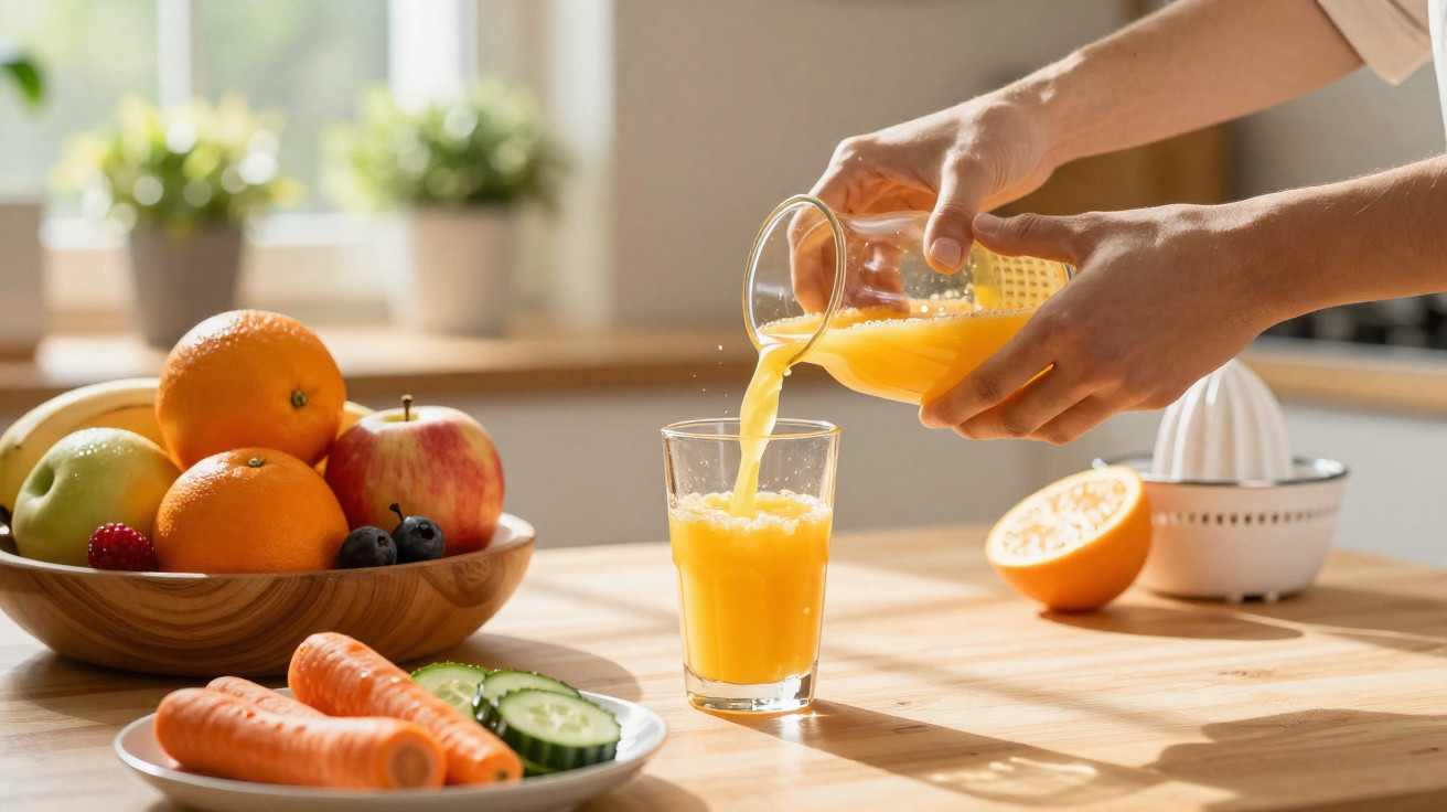 Pessoa servindo suco de laranja em copo com frutas e legumes frescos sobre mesa de cozinha.