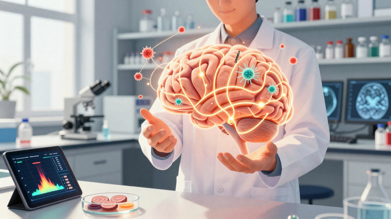 Cientista em laboratório segurando holograma de cérebro com vírus e conexões neurais brilhantes.