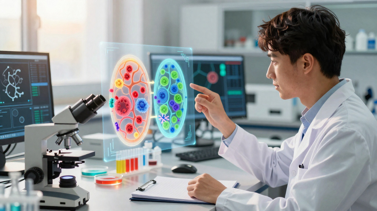 Cientista em laboratório analisando holograma colorido de células ao lado de microscópio e computadores.