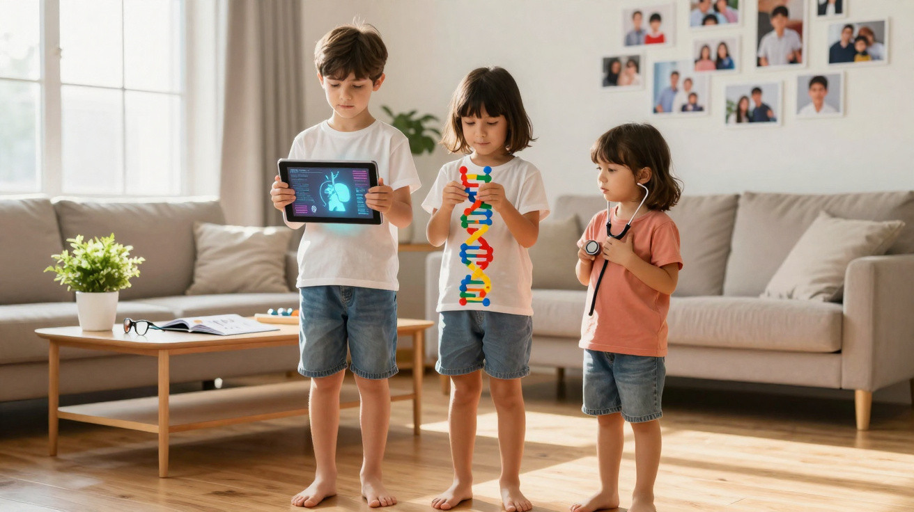 Crianças brincando de cientistas em sala, com tablet, modelo de DNA e estetoscópio.