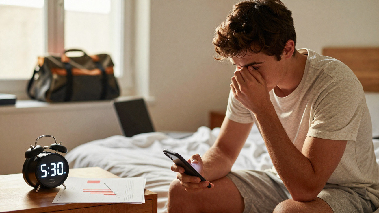 Homem jovem sentado na cama com expressão cansada olhando o celular, relógio marca 5:30 da manhã.