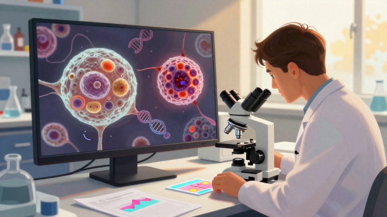Cientista usando microscópio analisando células e DNA exibidos em tela no laboratório.