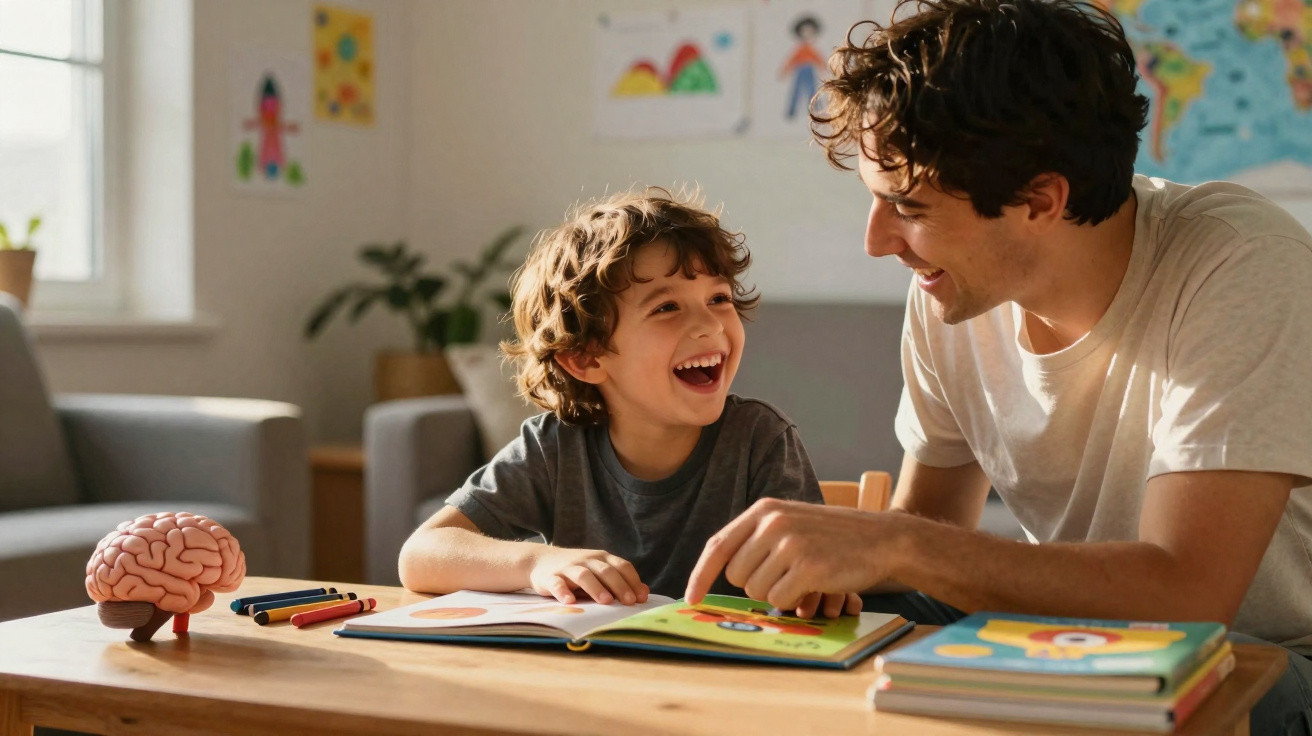 Criança e adulto sorrindo enquanto leem livro ilustrado juntos em mesa com lápis de cor e cérebro de plástico.