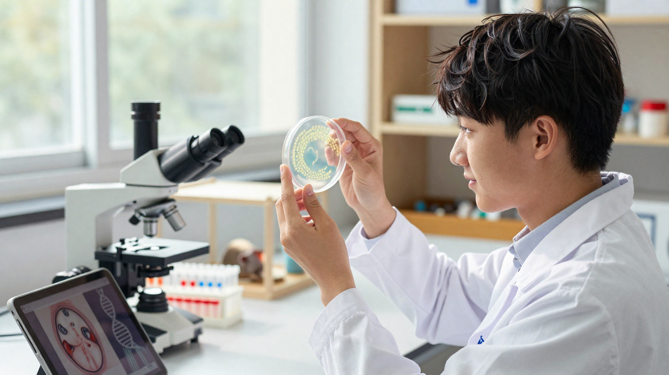 Cientista em jaleco analisa placa de Petri com colônias em laboratório moderno, ao lado de microscópio e tablet.