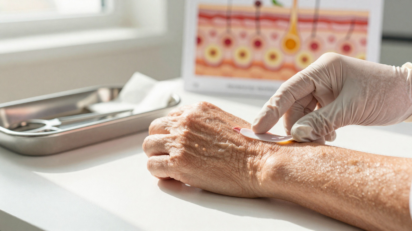 Mão de paciente recebendo teste ou tratamento dermatológico em clínica médica com luva protetora.