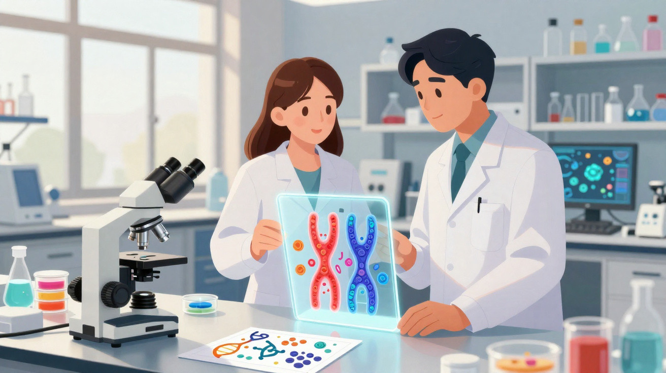Dois cientistas em laboratório analisando imagem holográfica de cromossomos e DNA.