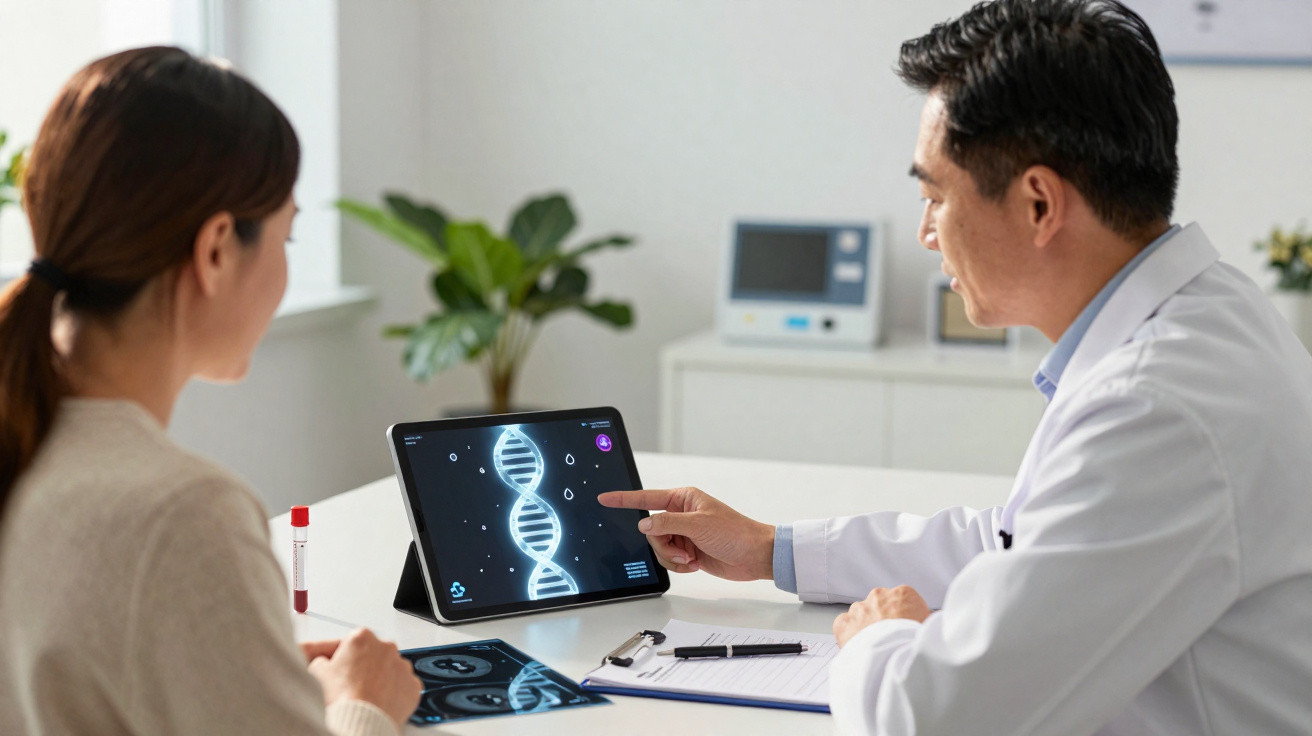 Médico explicando exame de DNA para paciente em consulta, usando tablet em ambiente clínico claro.