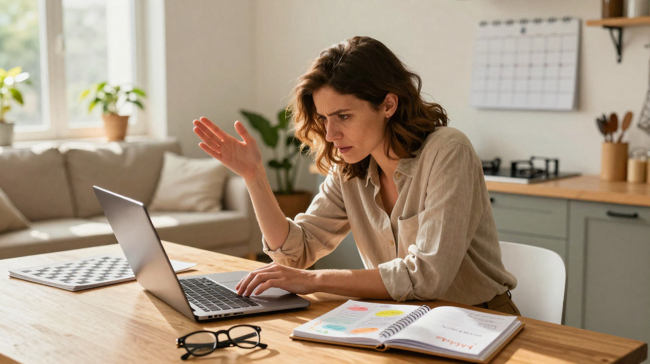Mulher sentada à mesa com expressão frustrada usando laptop, com caderno aberto e óculos na mesa.