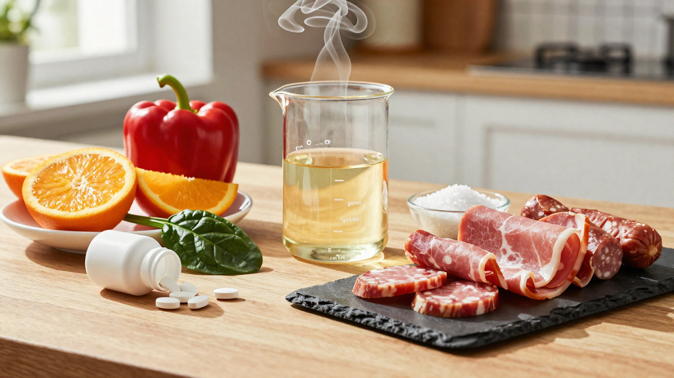 Alimentos variados sobre mesa com frutas, legumes, carnes, sal, remédios e líquido em béquer com vapor.