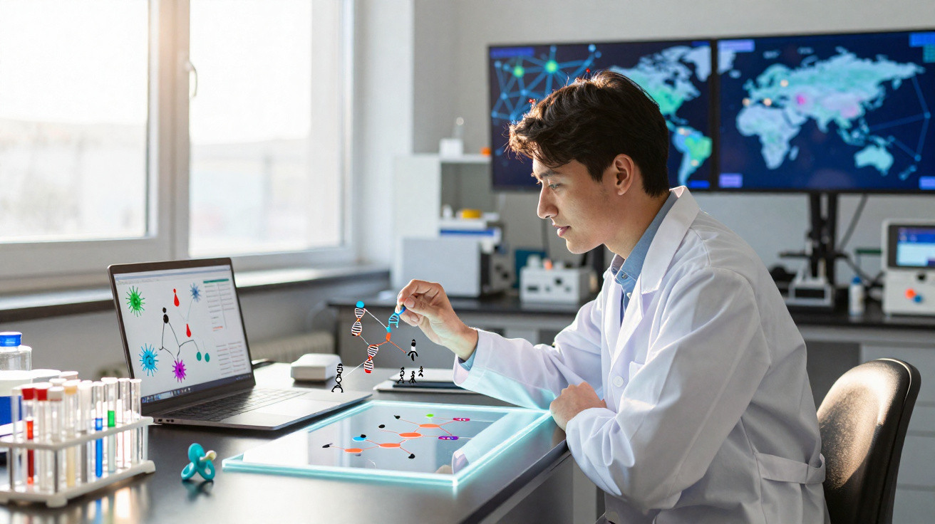 Cientista em laboratório analisando modelo 3D de DNA com gráficos biológicos em telas ao fundo.
