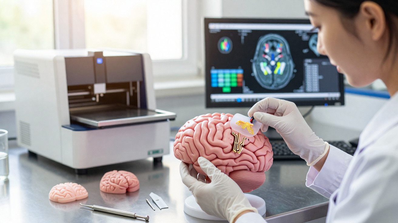 Pesquisadora em laboratório segurando modelo 3D de cérebro enquanto analisa chave que simboliza memória.