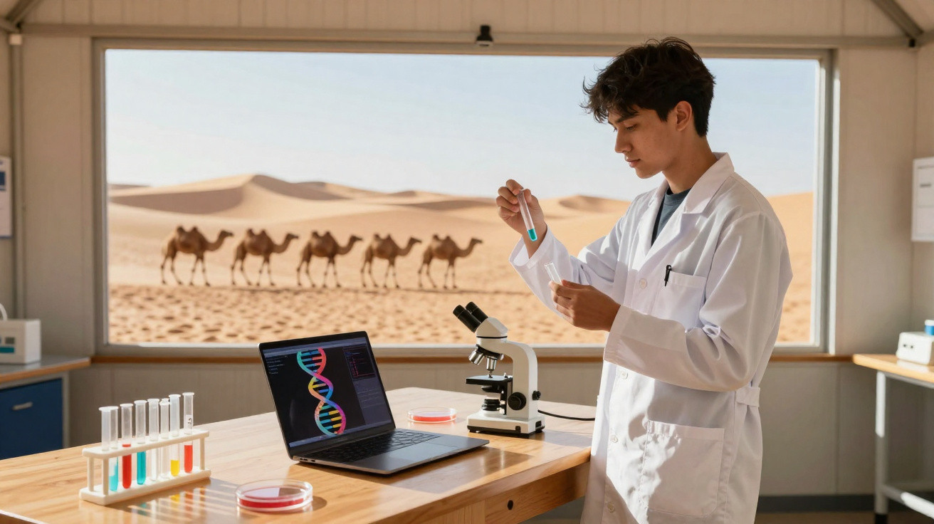 Jovem cientista em laboratório no deserto analisa amostra com microscópio e computador com DNA na tela.